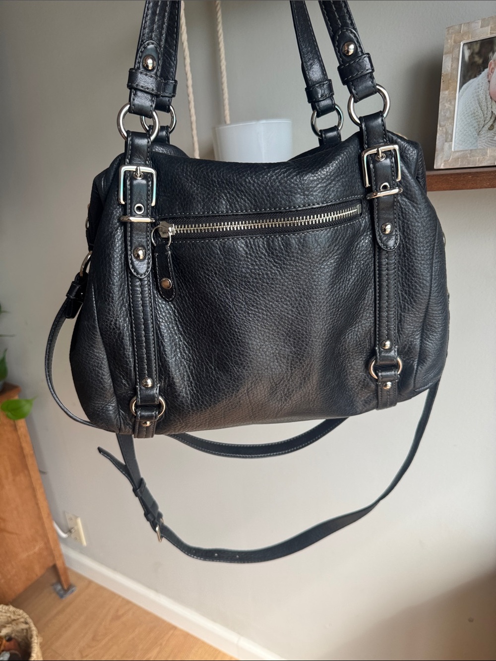 Coach Alexandra Black Pebbled Leather Convertible Satchel with Silver Hardware
